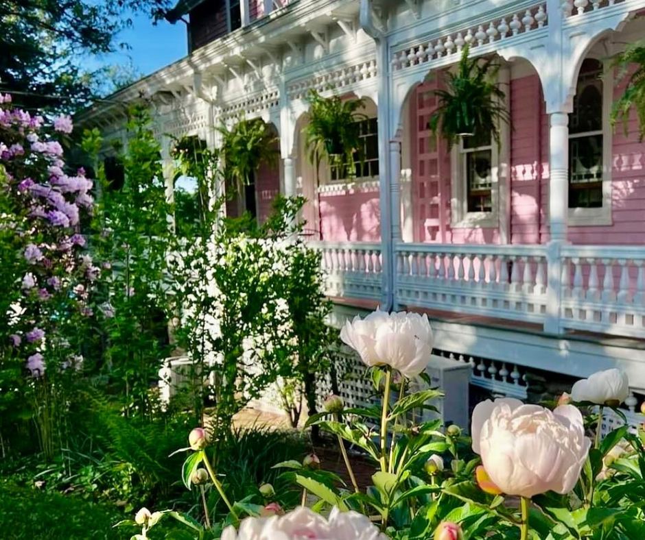 Spring flowers in the gardens below the porches at Cedar Crest Inn